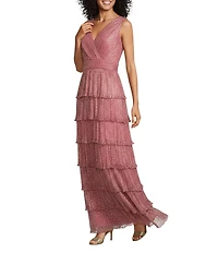 R & M Richards Crinkled Lurex Mesh V-Neck Sleeveless Tiered Gown