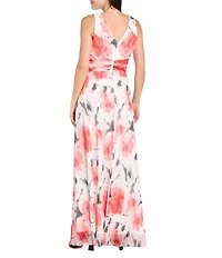 R & M Richards Crinkled Ruched Waist V-Neck Sleeveless Printed A-Line Gown