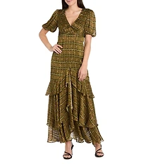 R & M Richards Digital Stripe Print Satin Chiffon V-Neck Short Puff Sleeve Ruffle Tiered Skirt Dress