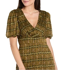 R & M Richards Digital Stripe Print Satin Chiffon V-Neck Short Puff Sleeve Ruffle Tiered Skirt Dress