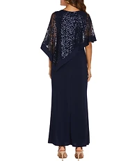 R & M Richards Elbow Length Sleeve Round Neck Sequin Overlay Sheath Gown