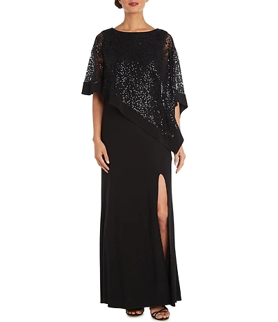 R & M Richards Elbow Length Sleeve Round Neck Sequin Overlay Sheath Gown
