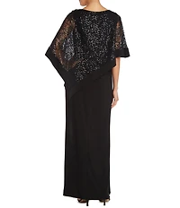 R & M Richards Elbow Length Sleeve Round Neck Sequin Overlay Sheath Gown