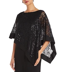 R & M Richards Elbow Length Sleeve Round Neck Sequin Overlay Sheath Gown