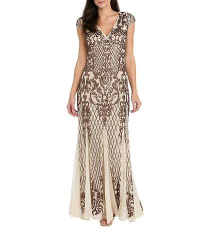 R & M Richards Embroidered Bronze Sequin Cap Sleeve Long Dress