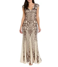 R & M Richards Embroidered Bronze Sequin Cap Sleeve Long Dress