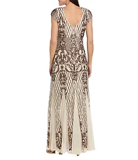 R & M Richards Embroidered Bronze Sequin Cap Sleeve Long Dress