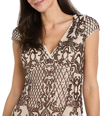 R & M Richards Embroidered Bronze Sequin Cap Sleeve Long Dress