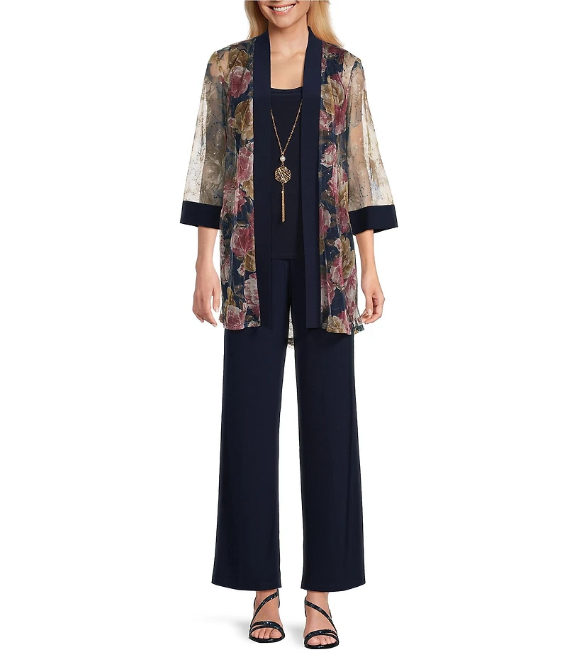 R & M Richards Embroidered Floral Sequin Mesh 3- Piece Pant Set
