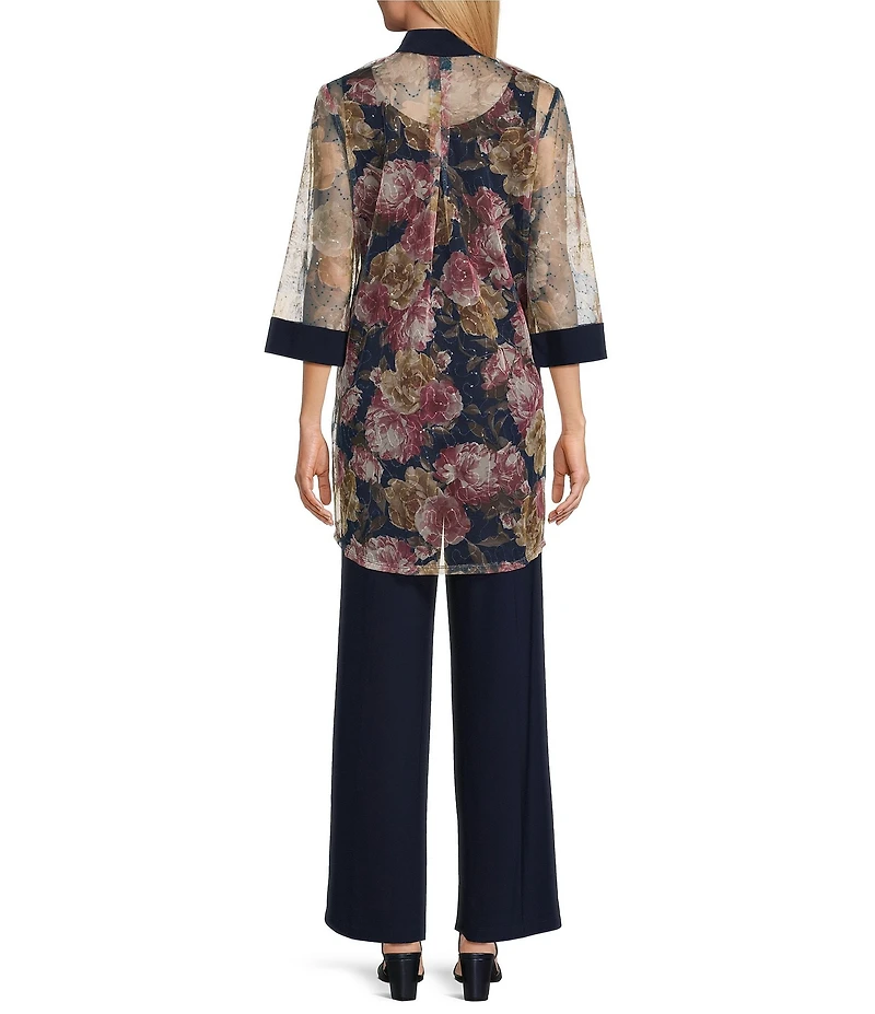 R & M Richards Embroidered Floral Sequin Mesh 3- Piece Pant Set