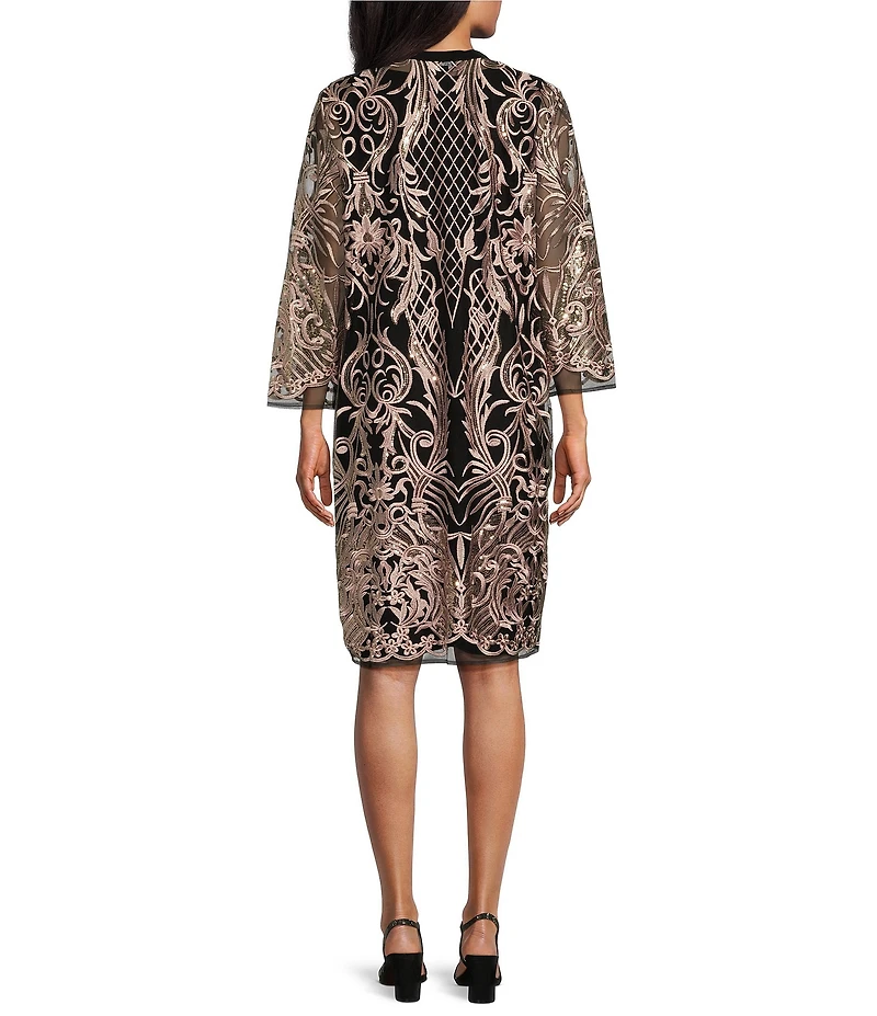 R & M Richards Embroidered Mesh Contrast Round Neck 3/4 Sleeve 2-Piece Duster Jacket Dress