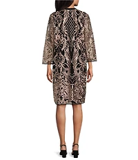 R & M Richards Embroidered Mesh Contrast Round Neck 3/4 Sleeve 2-Piece Duster Jacket Dress