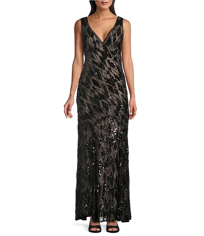 R & M Richards Embroidered Power Mesh Sequin Dress