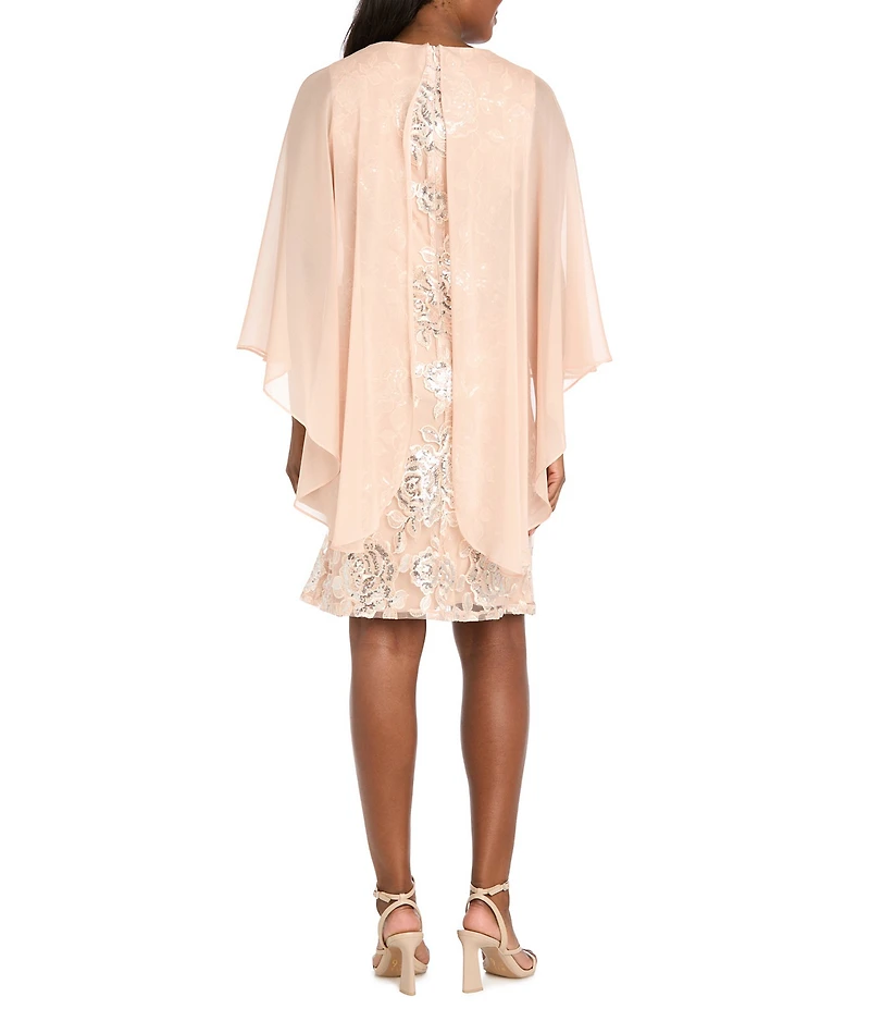 R & M Richards Embroidered Sequin Chiffon Sheer Overlay Dress