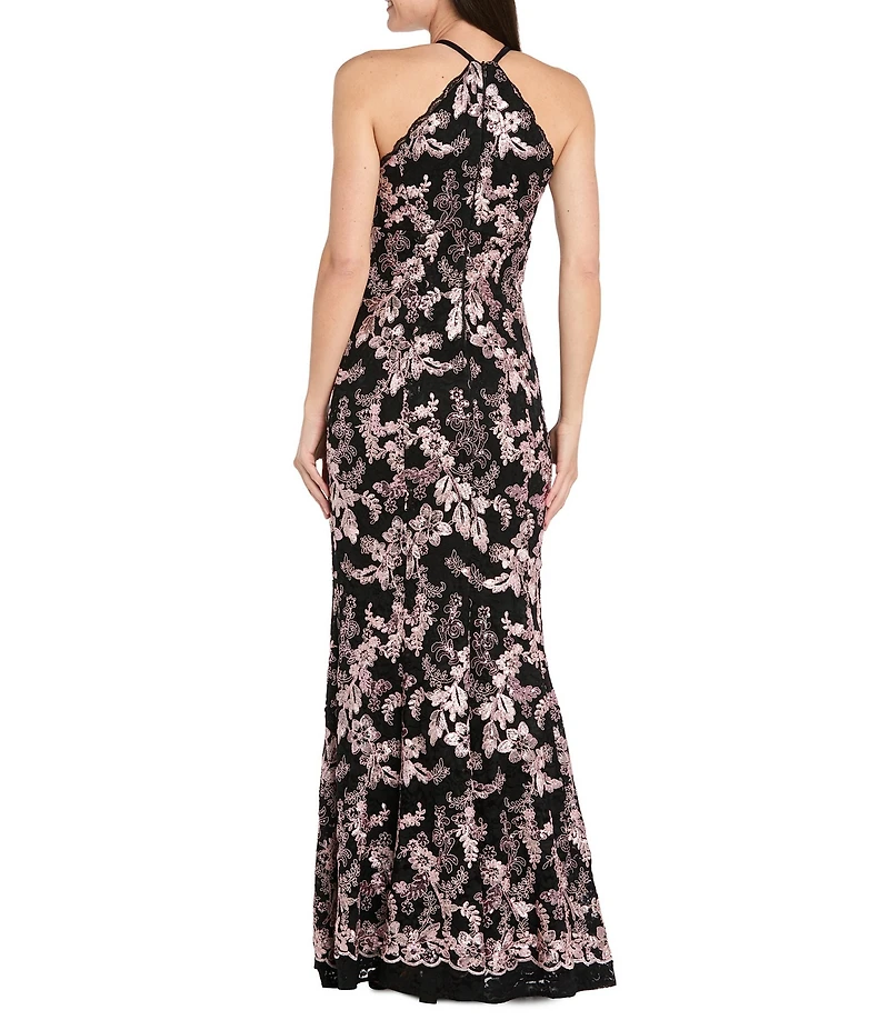 R & M Richards Embroidered Sequin Cord Stretch Lace Criss Cross Halter Sleeveless Mermaid Gown