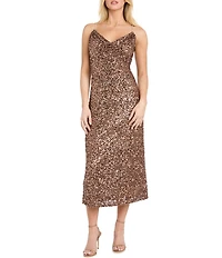 R & M Richards Embroidered Sequin Cowl Neck Midi Dress