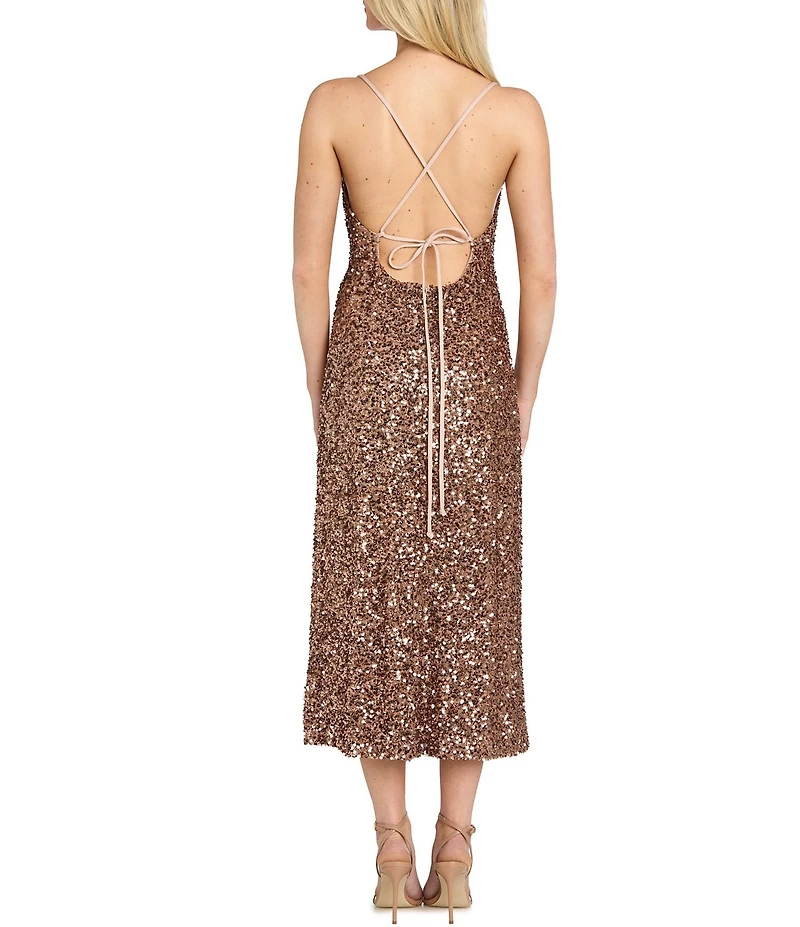 R & M Richards Embroidered Sequin Cowl Neck Midi Dress