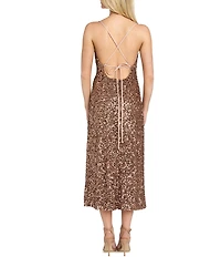 R & M Richards Embroidered Sequin Cowl Neck Midi Dress