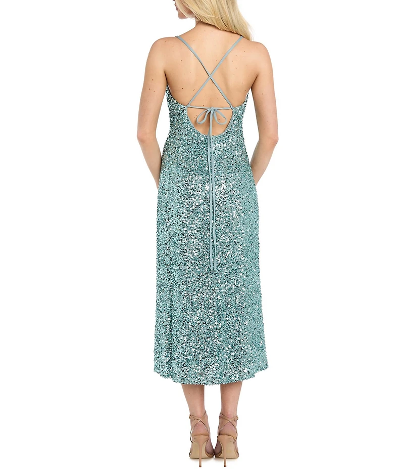 R & M Richards Embroidered Sequin Cowl Neck Midi Dress