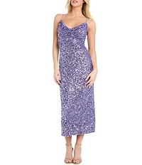 R & M Richards Embroidered Sequin Cowl Neck Midi Dress