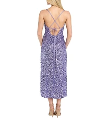 R & M Richards Embroidered Sequin Cowl Neck Midi Dress