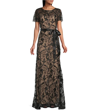 R & M Richards Embroidered Sequin Floral Mesh Round Neck Short Sleeve Ribbon Sash Gown