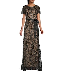R & M Richards Embroidered Sequin Floral Mesh Round Neck Short Sleeve Ribbon Sash Gown