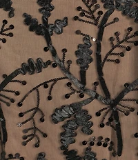R & M Richards Embroidered Sequin Floral Mesh Round Neck Short Sleeve Ribbon Sash Gown