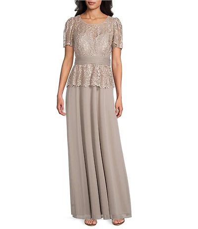 R & M Richards Embroidered Sequin Lace Peplum Chiffon Skirt Gown