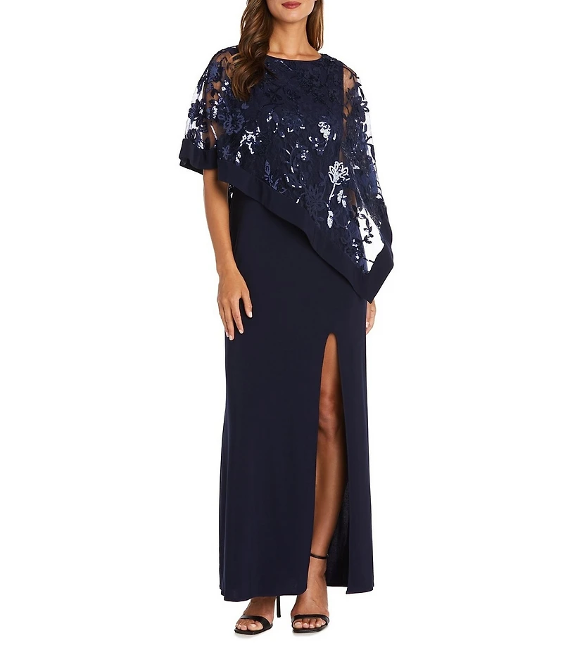 R & M Richards Embroidered Sequin Lace Poncho ITY Knit Sheath Gown