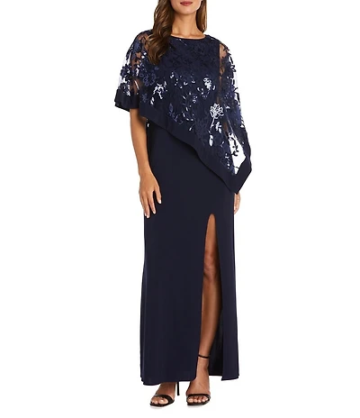 R & M Richards Embroidered Sequin Lace Poncho ITY Knit Sheath Gown