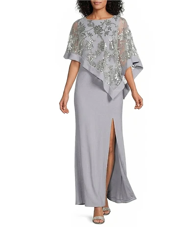 R & M Richards Embroidered Sequin Lace Poncho ITY Knit Sheath Gown