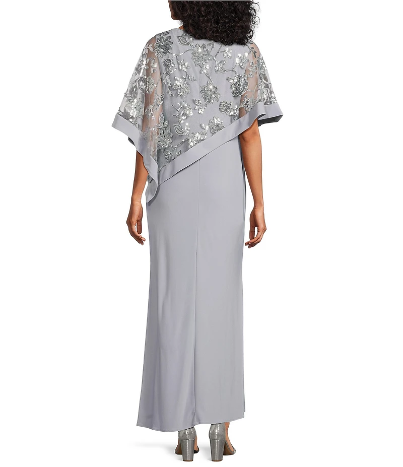 R & M Richards Embroidered Sequin Lace Poncho ITY Knit Sheath Gown