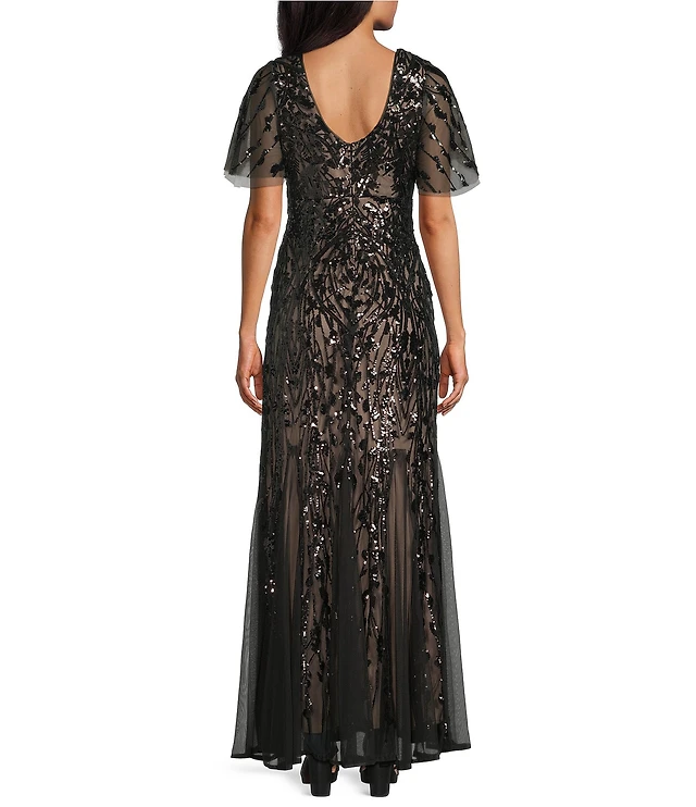 R & M Richards Embroidered Sequin Power Mesh Empire Waist Short Flutter  Sleeve Gown | Liberty Center