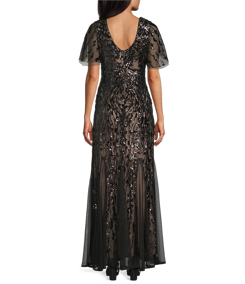 R & M Richards Embroidered Sequin Power Mesh Empire Waist Short Flutter Sleeve Gown