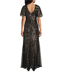 R & M Richards Embroidered Sequin Power Mesh Empire Waist Short Flutter Sleeve Gown