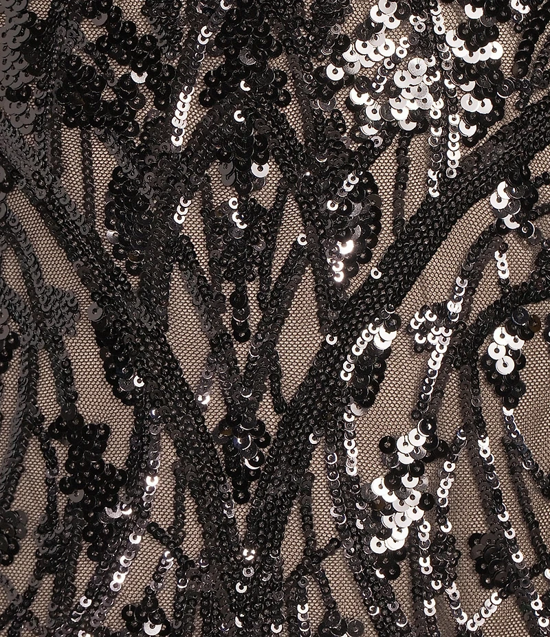 R & M Richards Embroidered Sequin Power Mesh Empire Waist Short Flutter Sleeve Gown