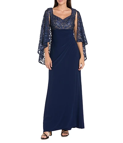 R & M Richards Embroidered Sequin Power Mesh Sweetheart Neck Cape Sleeve Gown