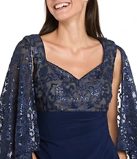 R & M Richards Embroidered Sequin Power Mesh Sweetheart Neck Cape Sleeve Gown