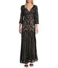 R & M Richards Embroidered Sequin Power Mesh V-Neck 3/4 Sleeve Godet Skirt Gown