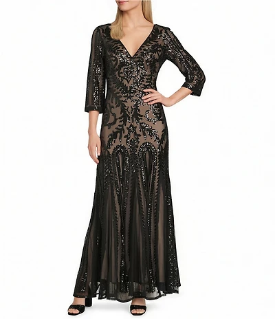 R & M Richards Embroidered Sequin Power Mesh V-Neck 3/4 Sleeve Godet Skirt Gown