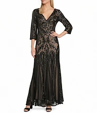 R & M Richards Embroidered Sequin Power Mesh V-Neck 3/4 Sleeve Godet Skirt Gown