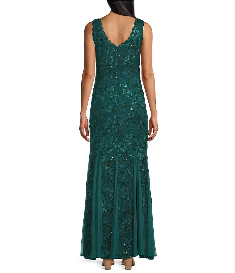 R & M Richards Embroidered Sequin Stretch Lace Sleeveless Scalloped Edge Sheath Gown