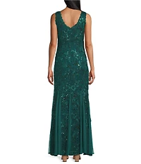 R & M Richards Embroidered Sequin Stretch Lace Sleeveless Scalloped Edge Sheath Gown