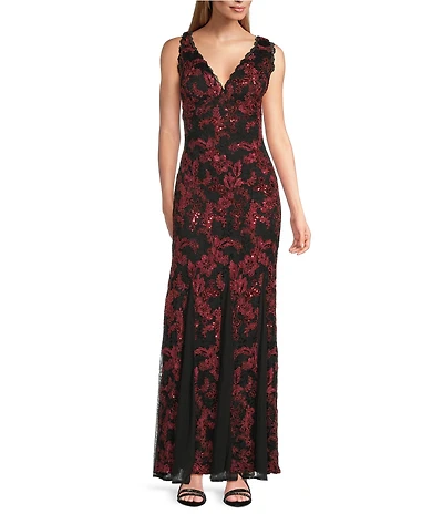 R & M Richards Embroidered Sequin Two Tone Corded Lace Sleeveless Gown