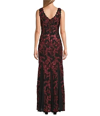 R & M Richards Embroidered Sequin Two Tone Corded Lace Sleeveless Gown