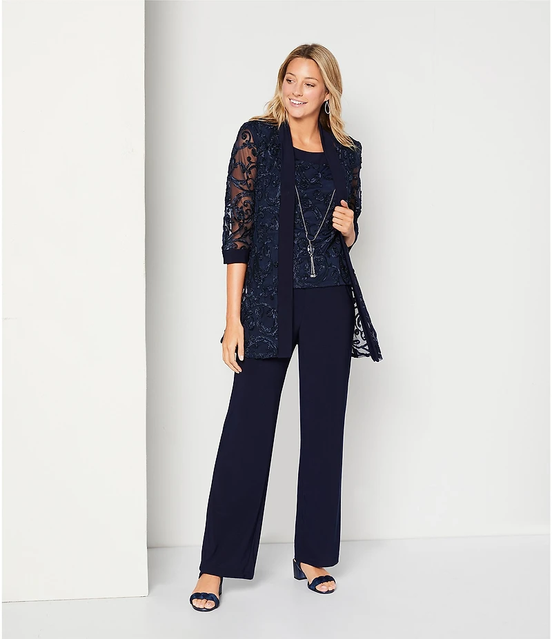 R & M Richards Embroidered Soutache Mesh Lace 3/4 Sleeve Scoop Neck 2-Piece Pant Set