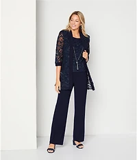 R & M Richards Embroidered Soutache Mesh Lace 3/4 Sleeve Scoop Neck 2-Piece Pant Set