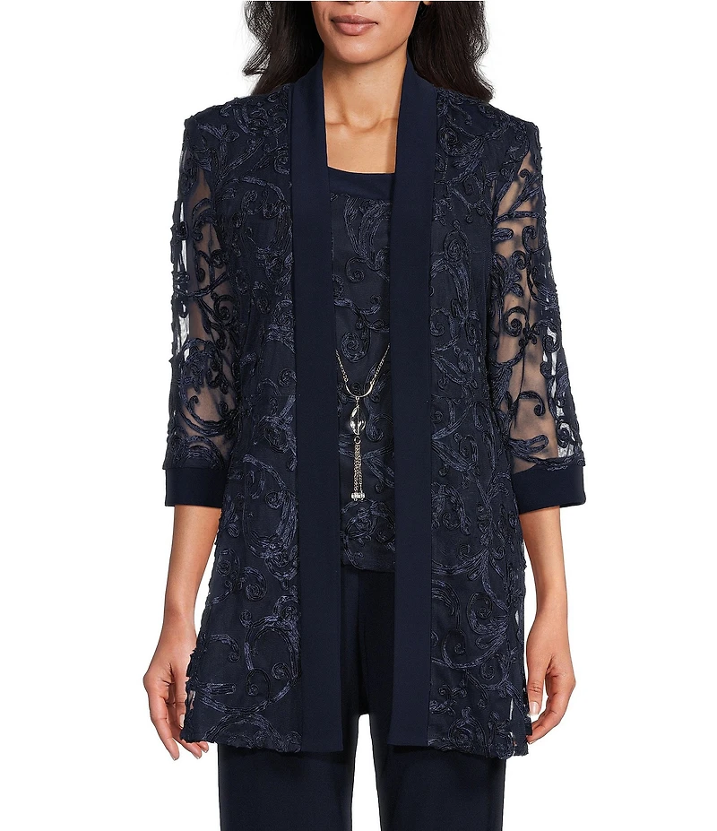 R & M Richards Embroidered Soutache Mesh Lace 3/4 Sleeve Scoop Neck 2-Piece Pant Set