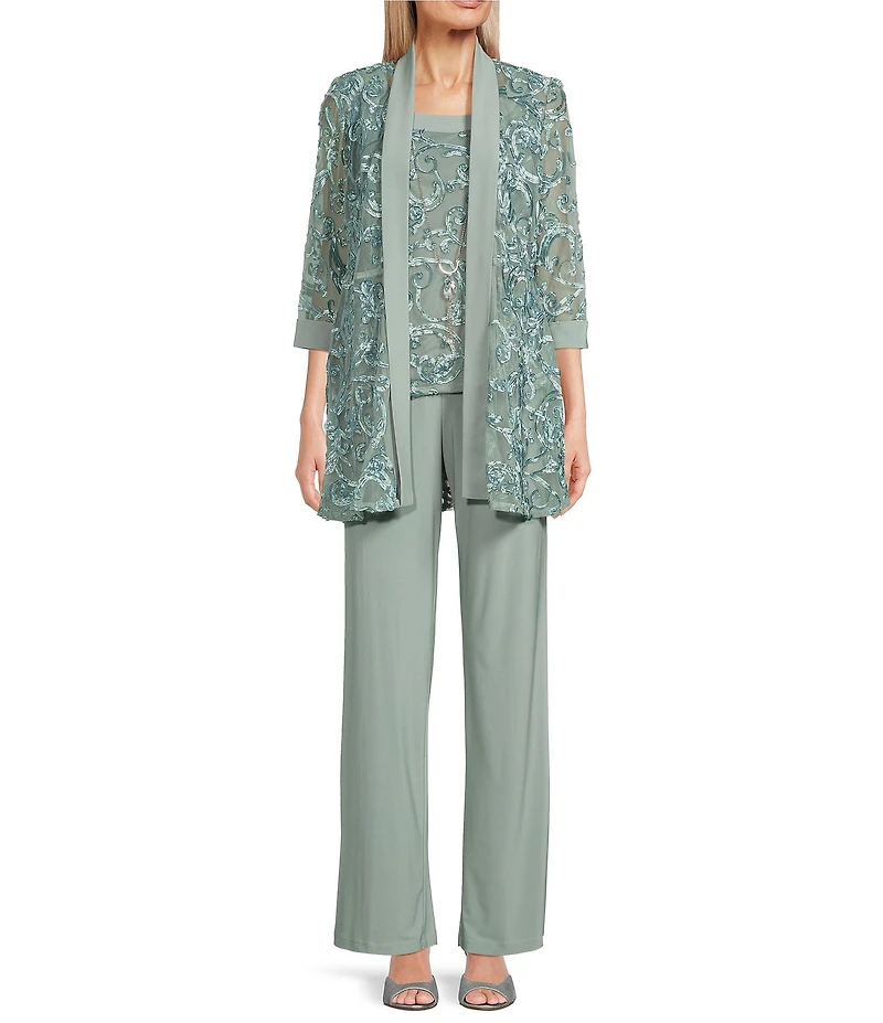R & M Richards Embroidered Soutache Mesh Lace 3/4 Sleeve Scoop Neck 2-Piece Pant Set